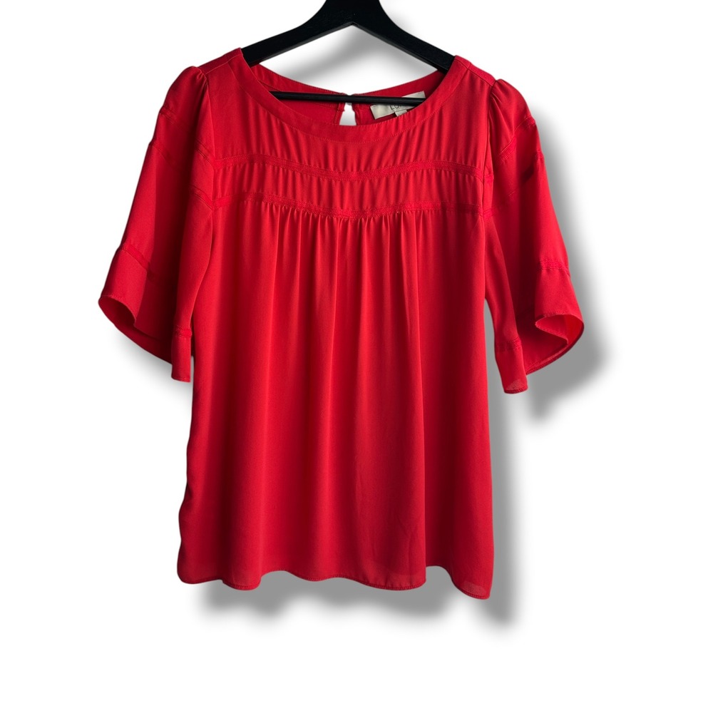 LOFT Mixed Media Blouse Women S Red Ladder Lace Trim Short Sleeve Round Neck